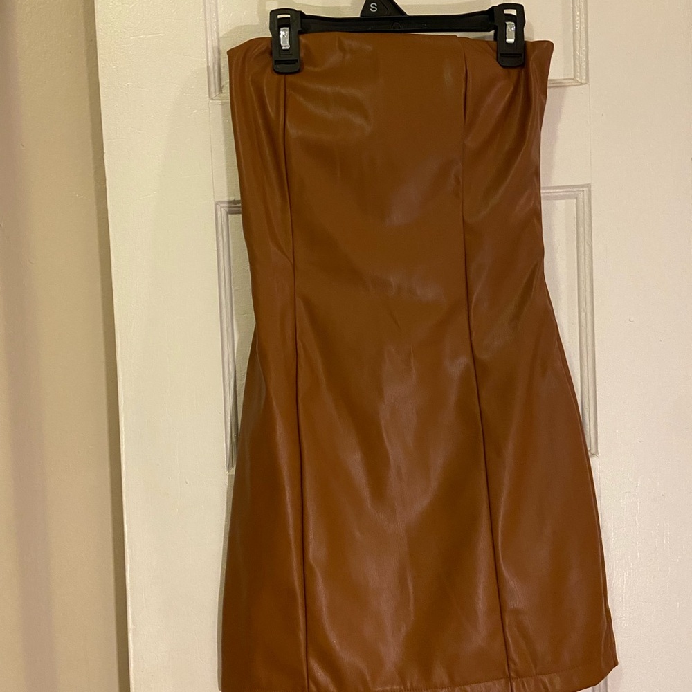 Elegant Brown Leather Strapless Tube Bodycon Dress